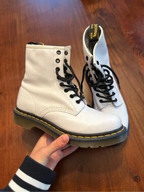 Dr. Martens White Leather Combat Boots with Black Laces